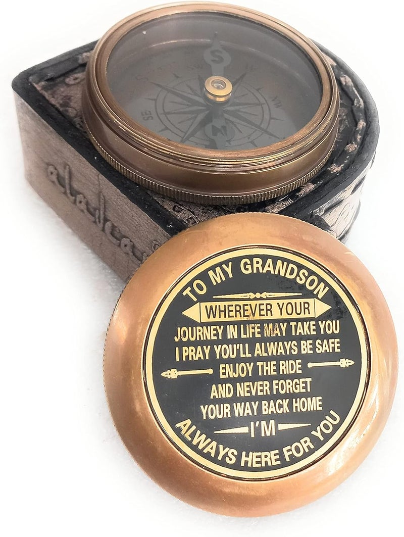 ALADEAN Gift for Grandson Brass Compass Engraved Quote | Memory Present to My Grandson Birthday, Baptism, Graduation, Confirmation, Love, Gift idea by Grandpa Grandma - Image 4